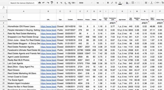 Facebook Groups Spreadsheet