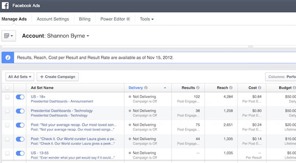 Facebook Ads List in Manager